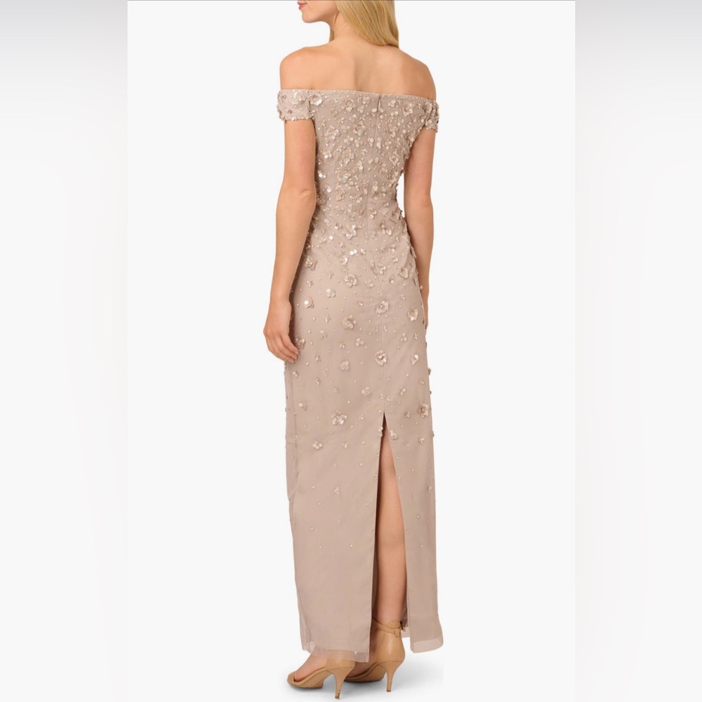 Adrianna Papell Champagne Floral Sequin Off Shoulder Gown NWT Size 2 MOB GALA - Picture 2 of 12